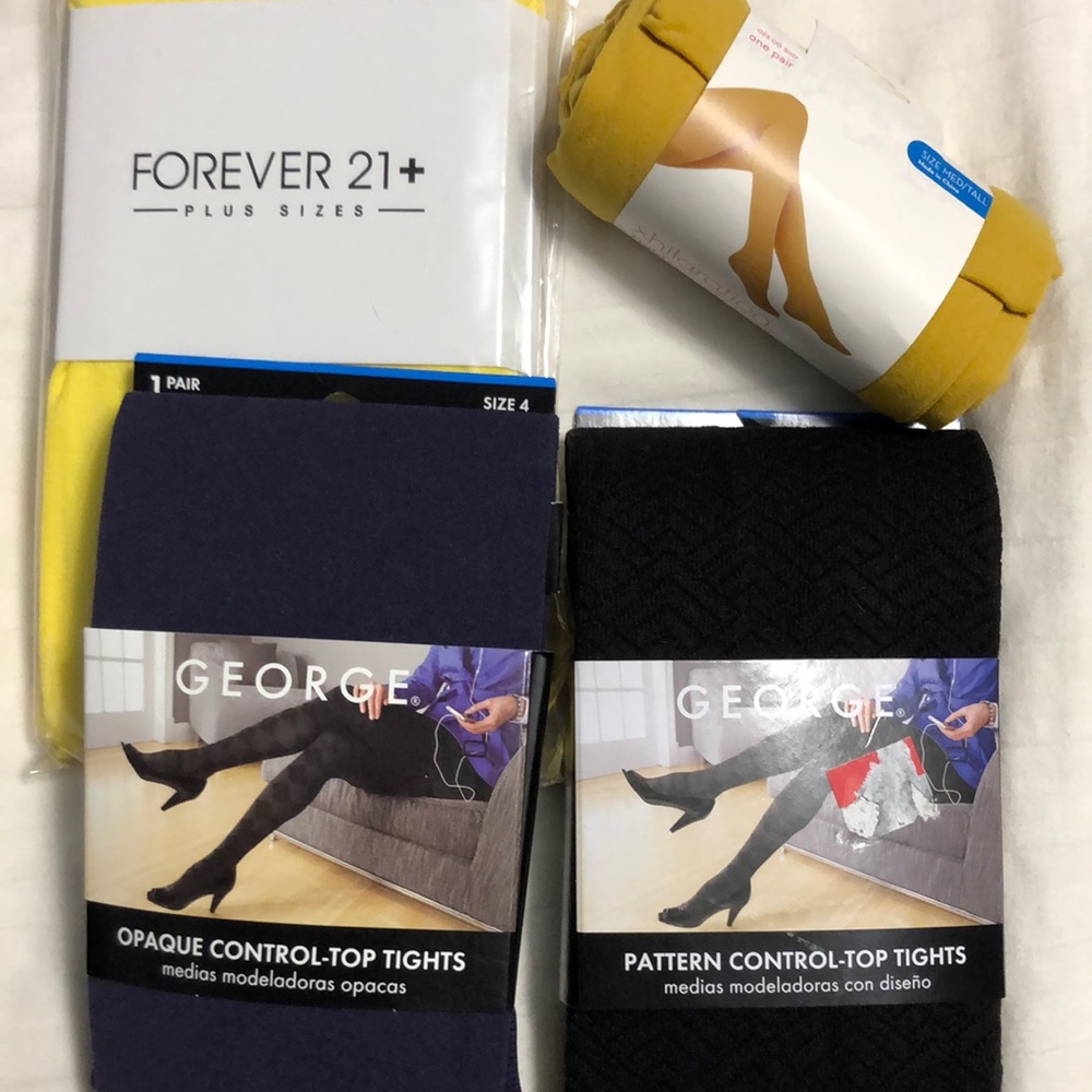 Bundle of tights (4- all new) deep purple; black pattern; mustard; and yellow.